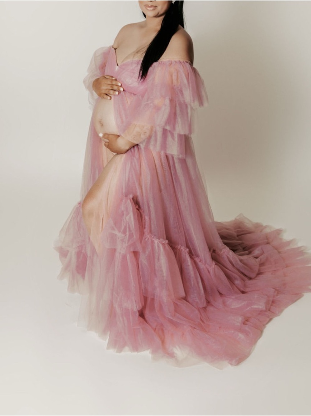 Pink Off-Shoulder Tulle Maternity Gown